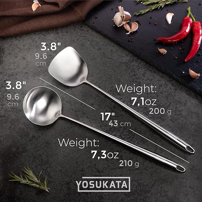 YOSUKATA Carbon Steel Wok Pan – 11,8 “ Woks and Stir Fry Pans + 17’’ Wok Spatula and Ladle - Set of 2 Heat-Resistant Wok Tools