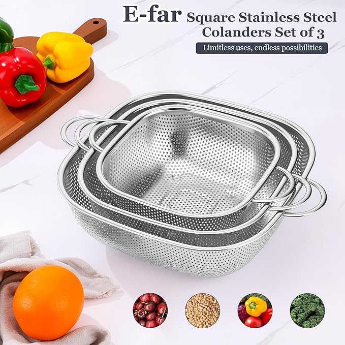 E-far 3 Pack Colander for Kitchen, Square Stainless Steel Metal Strainer Colander with Handle for Draining Food Pasta Vegetable, Micro-Perforated & Elevated Feet, Dishwasher Safe(2.4/4/6QT)