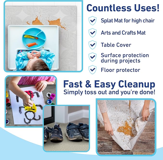 Graco Baby Disposable Splat Mats, 30 Sheets with Assorted Designs, 47" x 40", Eco-Friendly Floor Protector for Mealtime, Home & Restaurant Use