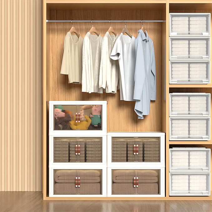 Collapsible Storage Bins with Lids - Stackable Plastic Closet Organizers for Clothes, and Home Organization White (3-rack, 17 Gal/rack)