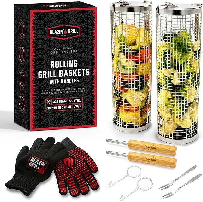 Blazin' Grill Rolling Grill Basket | Rolling Grilling Baskets for Outdoor Grilling 2 Pcs | Barbecue Grill Set with BBQ Gloves | Portable Camping Net Rack Perfect for Vegetables, Seafood & Meat