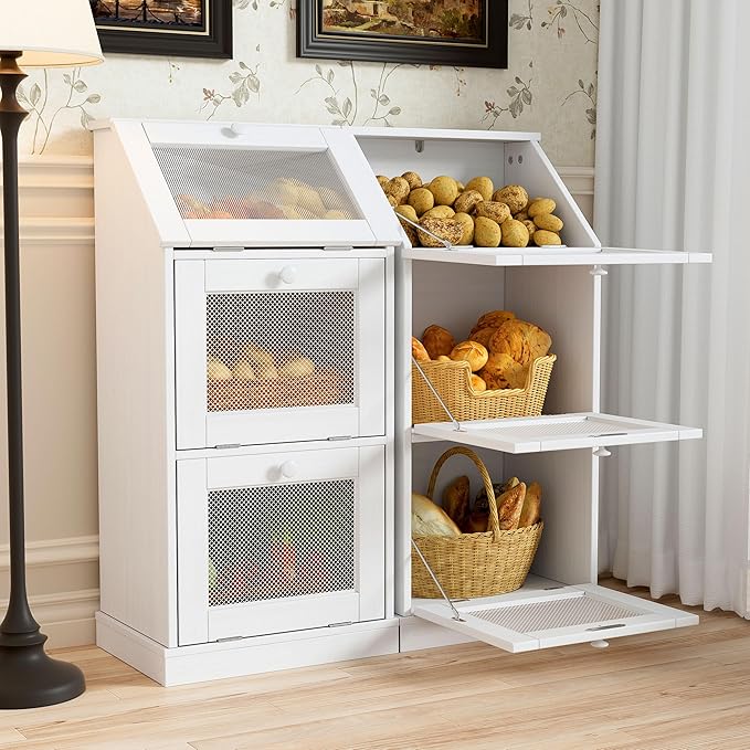 PAKASEPT Potato Storage Wood Bin, Wooden Bread Storage Bins, Decorative Potato and Onion Storage Bin with 3 Doors, Wooden Vegetable Storage Box with Lid (2)