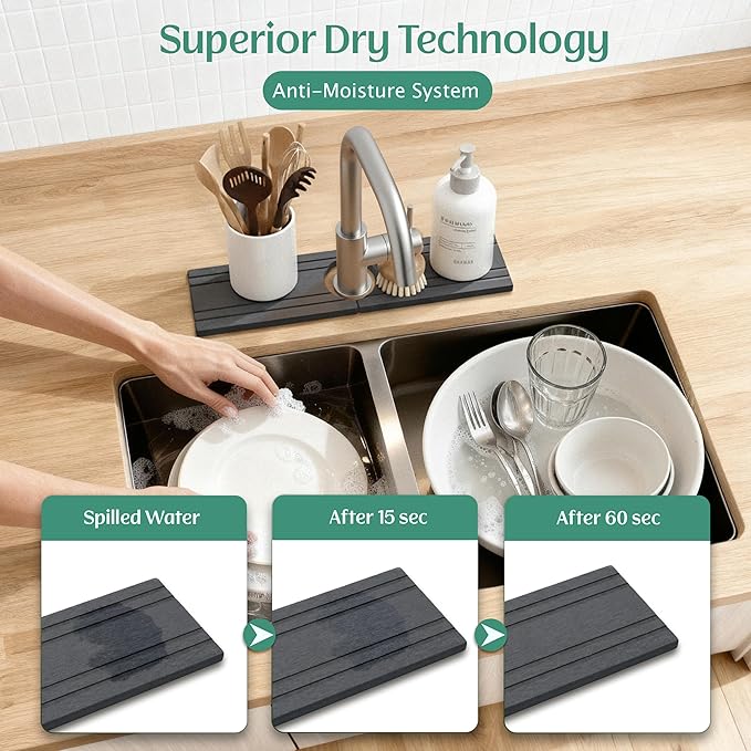 Stone Faucet Mat for Kitchen Sink Splash Guard 15.7" x 3.9" with 2.5" Center Hole | Dark Grey Diatomite Drying Stone Mat | Non-Slip Stone Tray for Kitchen Counter with Premium Texture