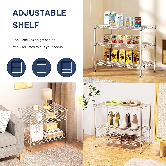 750lbs 3-Tier Wire Shelf Rack,24" Dx14 Wx22 H,Kitchen Metal 3-Shelves Rack with Lockable Wheels,Height Adjustable Wire Shelving Unit and Storage for Living Room,Laundry,Office,Pantry,Studio