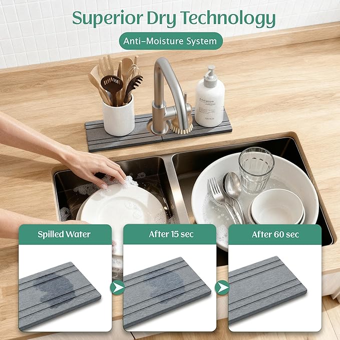 Stone Faucet Mat for Kitchen Sink Splash Guard 15.7" x 3.9" with 2.5" Center Hole | Light Grey Diatomite Drying Stone Mat | Non-Slip Stone Tray for Kitchen Counter with Premium Texture