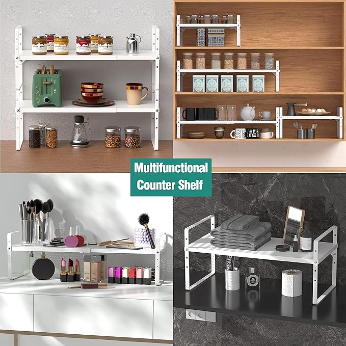 SUZLON Expandable Cabinet Shelf Organizer Rack, Stackable Kitchen Counter Storage Shelves Stand, Adjustable Height Pantry Shelf Spice Rack, Heavy Duty Nonslip White Small 1Pack