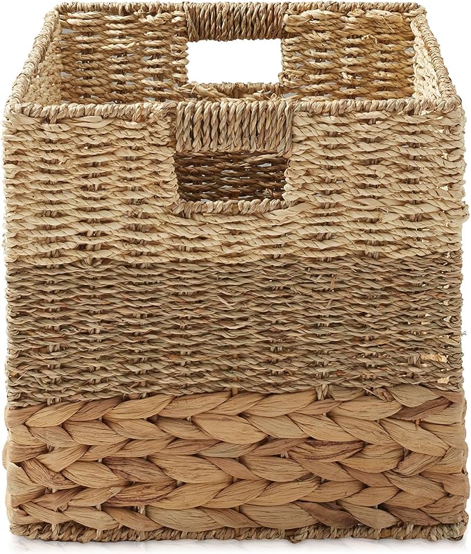Casafield 10.5" x 10.5" Mixed Weave Storage Baskets, Natural - Set of 2 Woven Hyacinth Seagrass Wicker Storage Cube Bins for Bathroom, Bedroom, Laundry, Pantry, Shelves