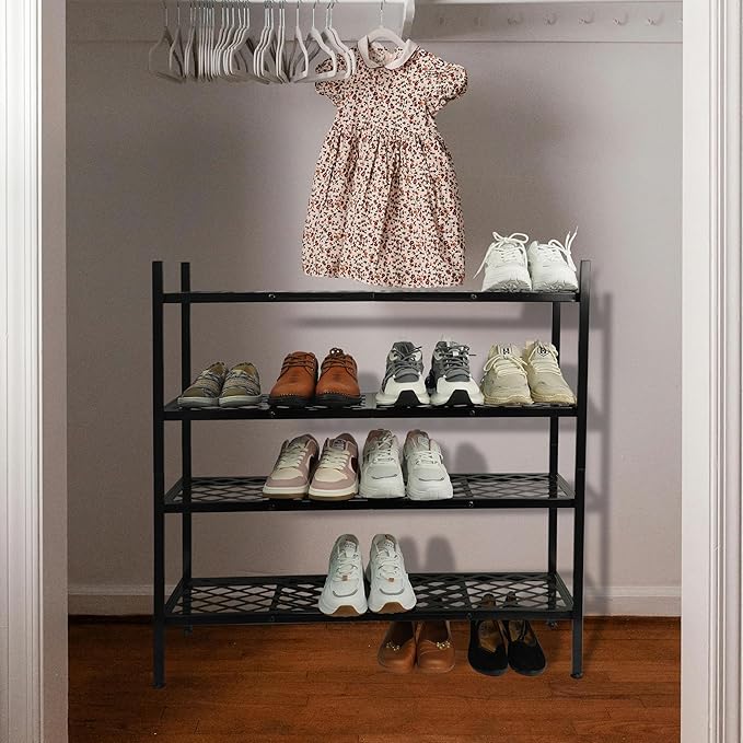 Shoe Rack, 4-Tier Long Shoe Rack, Stackable Shoe Storage Organizer Expandable Shoe Shelf Stand, Holds up to 25-30 Pairs of Shoes for Entryway, Garage, Front Door Entrance, Metal,45.6in Black