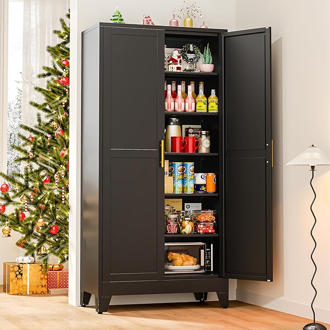 Tall Metal Kitchen Pantry Storage Cabinet with 2 Doors and 5 Adjustable Shelves - 75.2" Kitchen Cabinet with Gold Handles for Kitchen, Bathroom, Dining Room, Living Room - Black
