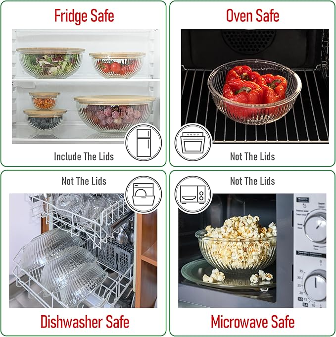 dokaworld Stackable Space-Saving Set of 5 Nesting Glass Bowls with Bamboo Lids for Foodprep, Storage, Baking, Mixing & Cooking, Microwave & Oven Safe BPA Free Heat Resistant Inert Borosilicate Glass