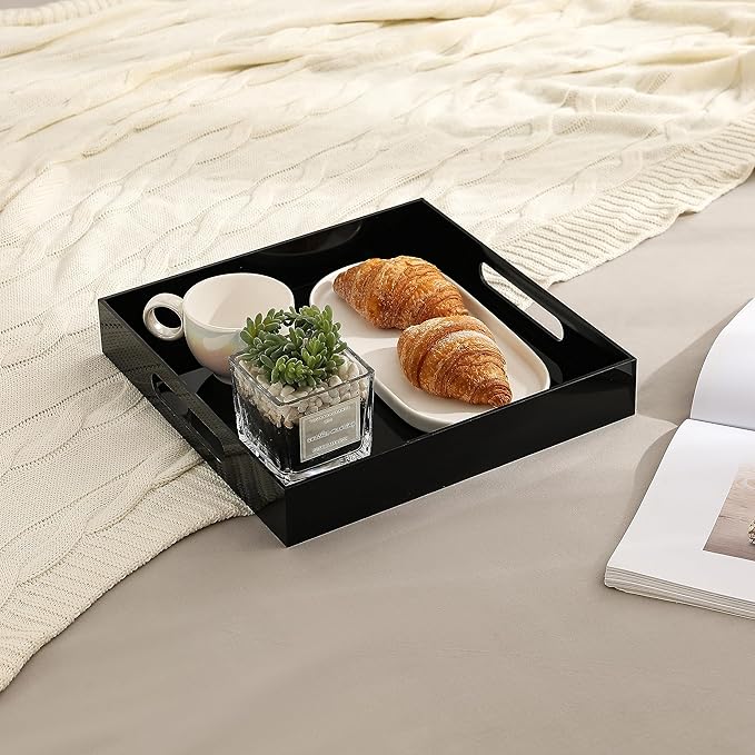 BEYLANG Glossy Black Sturdy Acrylic Serving Tray with Handles-12x12 Inch-Serving Coffee,Appetizer,Breakfast,Butler-Kitchen Countertop Tray-Makeup Drawer Organizer-Vanity Table,Ottoman Tray-Decorative