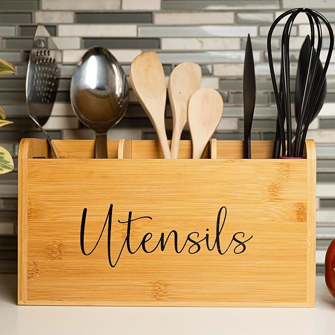 Bamboo Kitchen Utensil Holder for Countertop – Large 3-Compartment Organizer & Caddy with Drain Holes, Farmhouse Utensil Holder for Kitchen Counter, Rustic Wood Storage for Spoons & Spatulas