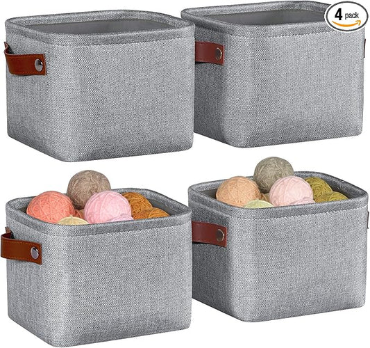 Kntiwiwo Small Fabric Storage Bins, 7.8x6.7x5.9 inch Mini Storage Cubes 4-Pack Storage Basket for Makeup Collapsible Fabric Storage Organizer with Handles, Decorative Basket for Desk, Shelves, Grey