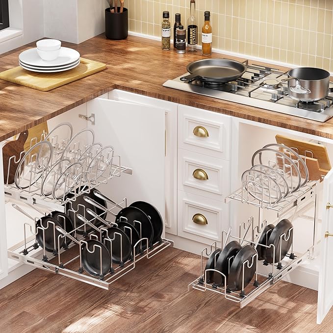 2-Tier Kitchen Pull out Cabinet Organizer for Pots, Pans, and Lid Cookware, Adjustable Heavy Duty Wire Pan and Pot Rack, Full-Extension Rail 21" W *22" D