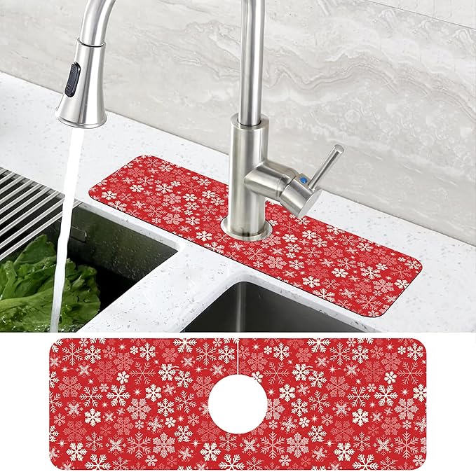 Christmas Snowflake Kitchen Sink Splash Guard Mat Absorbent Fast Drying Mat Faucet Draining Mat Sink Splash Guard Behind Faucet Drip Catcher for Kitchen Bathroom 5.5"×15"