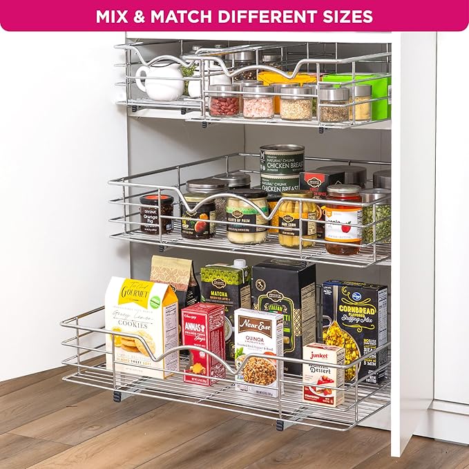 HOLDN’ STORAGE Heavy-Duty Premium Collection Pull Out Cabinet Organizer, Cabinet Drawer Slide Outs, Lifetime Limited Warranty - Basket Size 30" W x 21" D x 5" H, Anti-Rust Chrome Finish