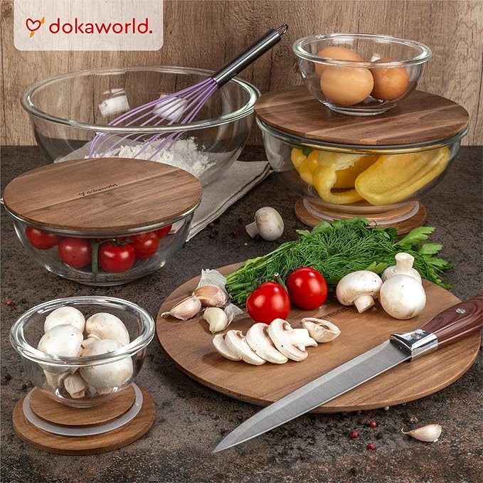 dokaworld Set of 5 Nesting Glass Bowls with New Updated Acacia Lids for Foodprep, Storage, Mixing & Cooking - Microwave & Oven-ready BPA Free Durable Heat Resistant Inert Borosilicate Glass