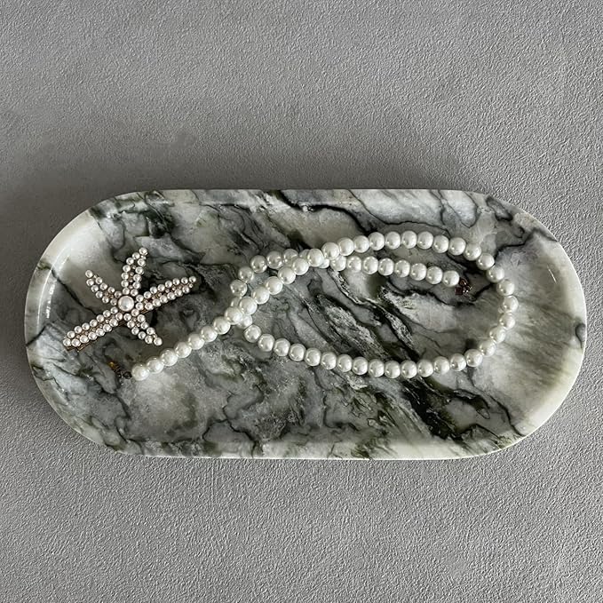SAIDKOCC Natural Marble Oval Tray Ornaments Vintage Small Tray Storage Dish for Counter, Vanity, Dresser, Nightstand and Desk (Green Emerald)