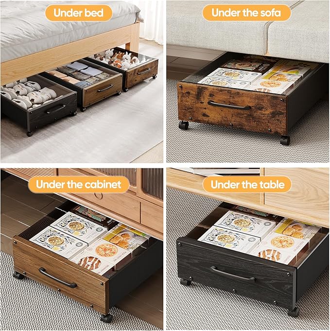 KITHELP Wooden Under Bed Storage with Wheels, Rolling Under the Bed Storage Bins with Removable Lid, Metal Under Bed Drawers for Clothes and Shoes in Bedroom or Living Room(Vintage Brown-2pack)