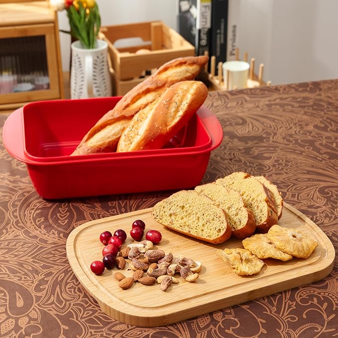 Marinade Container with Wood Lid Cutting Board, Grill Prep and Serve Tray, 2 Pcs Set, Stackable Melamine Serving Tray & Wood Platter, BBQ Prep Tub & Marinating Serving platters, Red