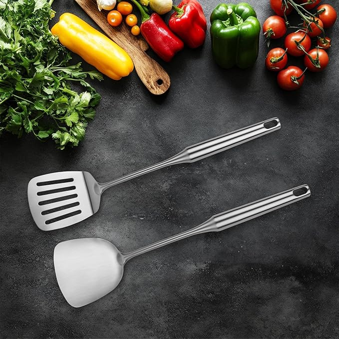 2pcs Metal Kitchen Utensils Set 18/10 Stainless Steel Utensils Set for Cooking, Heat Resistant Wok Tools Set for Chef