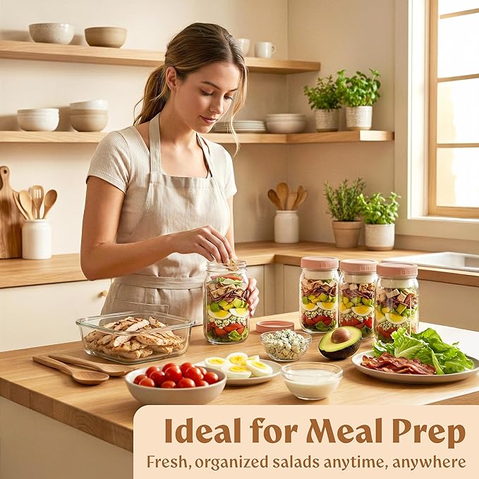4 Pack Glass Salad Jars with Lids for Meal Prep, Leakproof Container with Two Small Built in Cups for Wet/Dry Separation for Salad Dressing and Ingredients, 32oz Mason Jars (Brown/Beige)