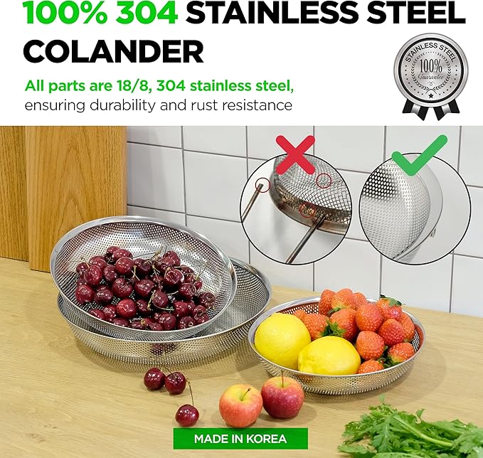 COMPORT K Premium 18/8 304 Stainless Steel Small Colander Set of 3, Comfortable Tray, Micro-Perforated Shallow Colanders 2-3-4 Quart Set, Self-Draining Solid Base for Pasta, Fruits, Vegetables