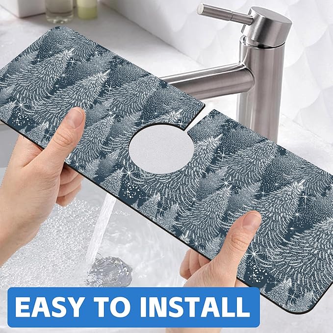 Christmas Forest Sink Faucet Absorbing Mat Pine Spruce Sink Splash Guard Faucet Mat Draining Mat Fast Drying Sink Protectors for Kitchen and Bathroom 5.5"×15"