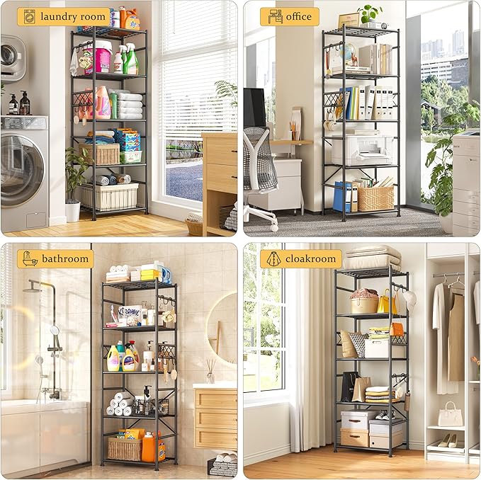 5-Tier Storage Shelves,Sturdy Metal Shelving Unit with Hooks,Wobble-Free Storage Rack with Leveling Feet,Slim Standing Shelf Organizer for Garage Kitchen Pantry,17.7”W×11.8”D ×58.3”H,Black