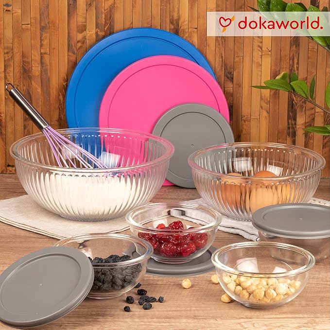 dokaworld Set of 6 Stackable Space-Saving Nesting Glass Bowls with BPA Free Lids for Foodprep, Storage, Baking, Mixing & Cooking, Microwave Safe - Durable Inert Borosilicate Glass