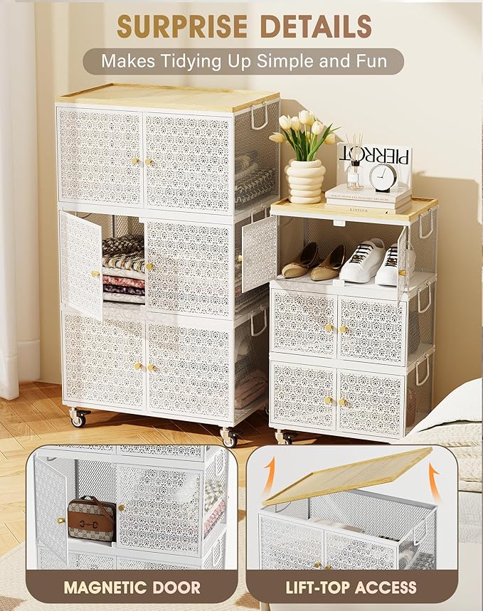 3 Tier Metal Storage Cabinet with wheels, Storage Bins with Magnetic Doors, Storage Cart for Living Room, Bedroom, Bathroom, Laundry, Kitchen