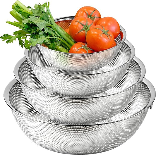 COMPORT K Premium 18/8 304 Stainless Steel Micro-Perforated Small and Big Colander Set of 4 with rings - 3.5-5.5-7.5-9.5 Quart Set, Self-Draining Solid Base for Pasta, Fruits, Vegetables