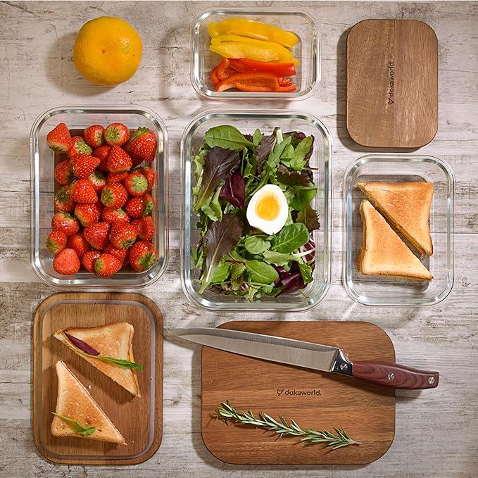 dokaworld Glass Tupperware Set with Acacia Lids - 4 Stackable Meal Prep Containers. Durable heat resistant Inert Borosilicate Glass