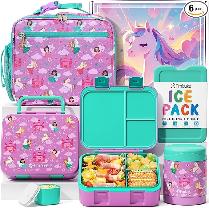Fimibuke Bento Lunch Box for Kids with Food Jar, 32OZ Snack Lunch Container with 3 Compartments, Insulated Lunch Bag, 12OZ Leakproof Food Jar, Ice Pack Set for Age 3-12 Toddler Teen Girls Boys Daycare