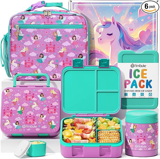 Fimibuke Bento Lunch Box for Kids with Food Jar, 32OZ Snack Lunch Container with 3 Compartments, Insulated Lunch Bag, 12OZ Leakproof Food Jar, Ice Pack Set for Age 3-12 Toddler Teen Girls Boys Daycare