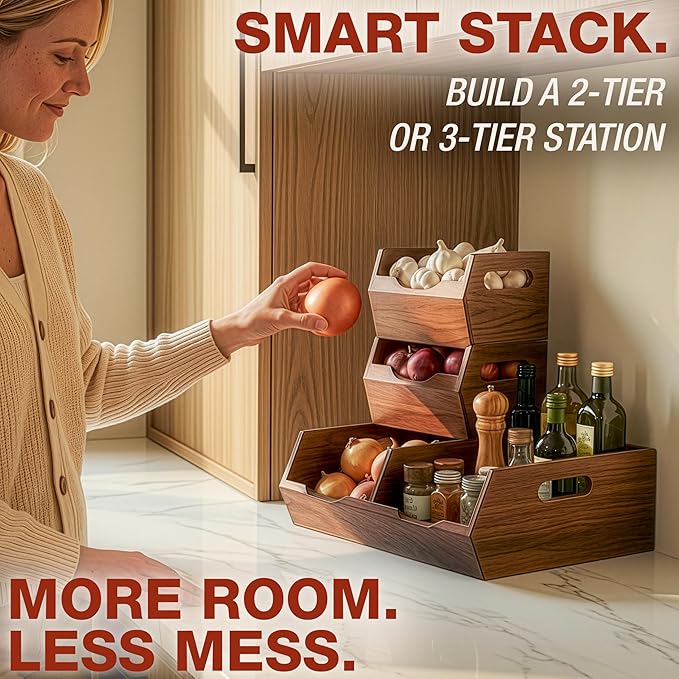 HOMESTEAD Stackable Solid Wood Storage Bins for Kitchen Pantry & Countertop, Ventilated Potato and Onion Basket Organizer with Handles, Wooden Produce Storage Containers, 3-Pack, Chestnut Finish