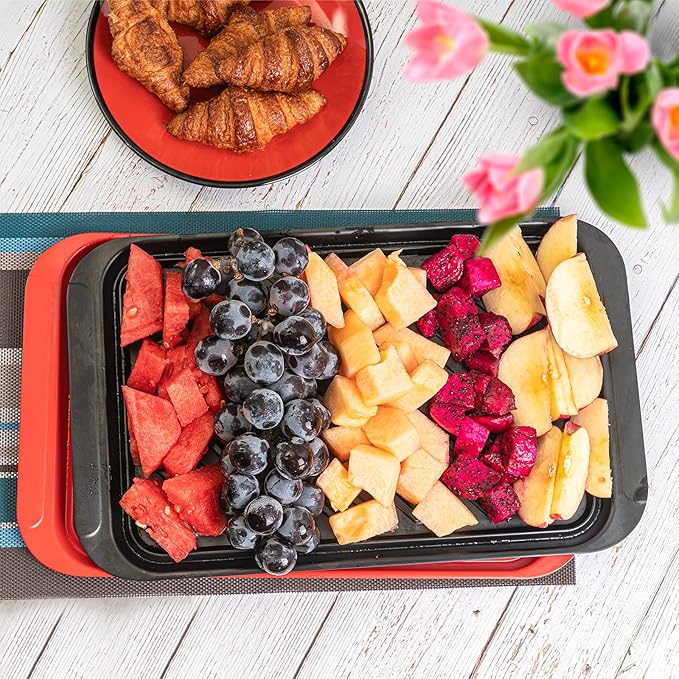 TP Grilling Prep and Serve Trays, 17 x 10.5 inch BBQ Trays for Cooked and Raw Foods, Set of 2 Melamine Serving Platters for Meats, Grill Accessories, Black and Red