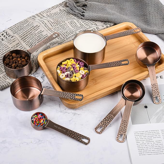 SUNMVEHOT Copper Measuring Cups and Spoons Set 20 for Kitchen & Baking, Metric & US Stainless Steel Measuring Cups and Spoons with Leveler for Dry & Liquid, 8 Copper Plated Measure Cup & 9 Spoon