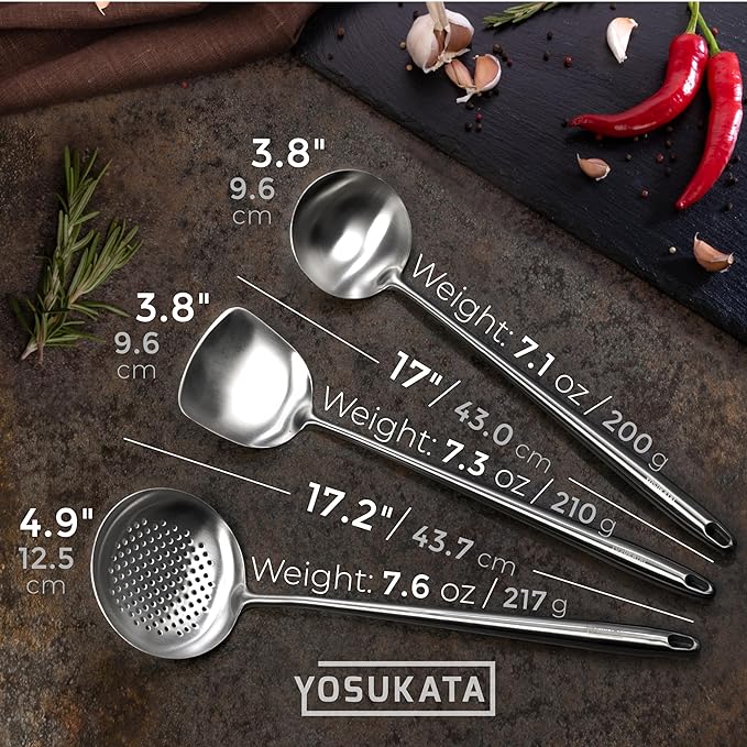 YOSUKATA Carbon Steel Wok Pan – 13,5 “ Stir Fry Pans PLUS 17" Wok Spatula and Ladle Skimmer Spoon - Stainless Steel Cooking Utensils Set