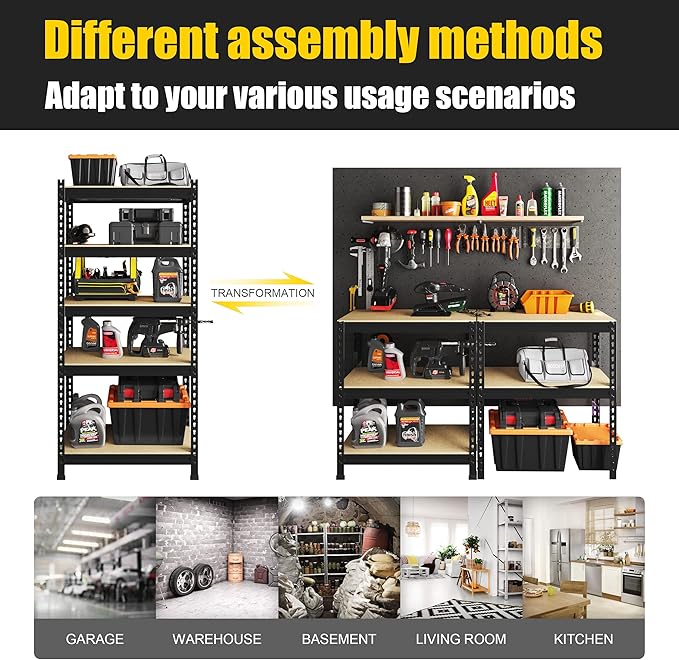 PrimeZone Storage Shelves 5 Pack 5 Tier Adjustable Garage Storage Shelving, Heavy Duty Metal Storage Utility Rack Organizer Shelf Unit for Warehouse Pantry Closet Kitchen Basement, Black