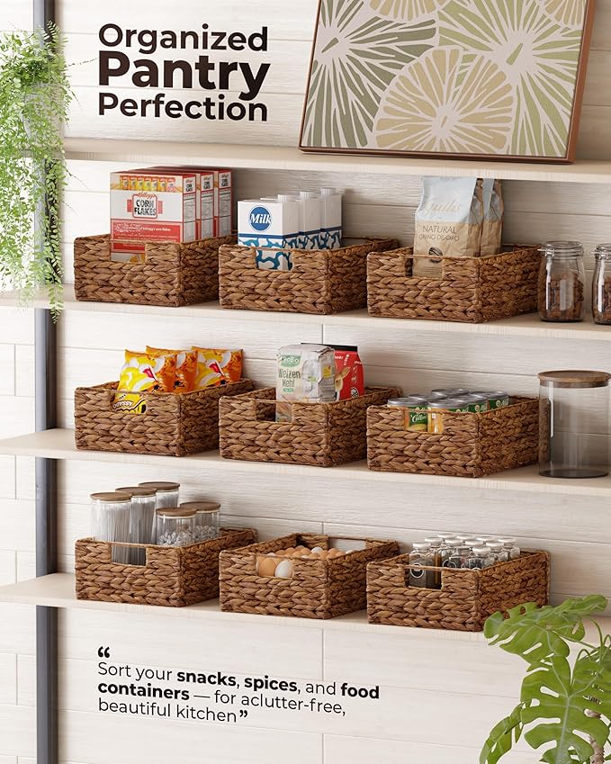 BLUEWEST Wicker Storage Baskets Pack 6, Woven Baskets for Storage, Laundry Water Hyacinth Basket for Organizing with Carrying Handles, Rattan Baskets (Brown, Rectangular)