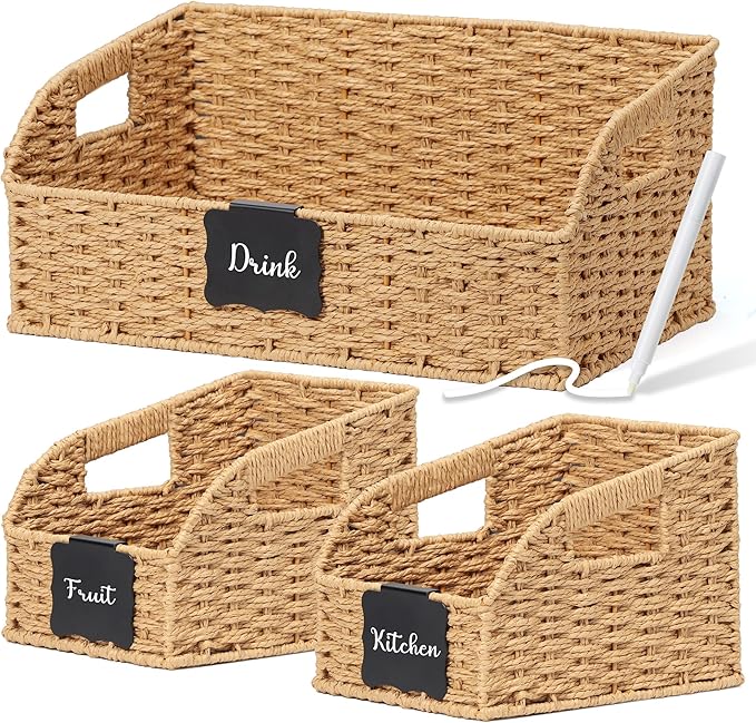 Wicker Baskets for Organizing,Pantry, Kitchen Counter with Handles, Handwoven Woven Storage Baskets for Fruit, Bread, Vegetable, Paper Storage Bins for Shelves, 3 Pack, Natural