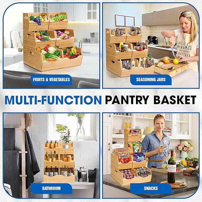 [Upgraded] 3-tier Stackable Bamboo Pantry Storage Bins, Potato and Onion Storage Baskets with Handles, Removable Divider, Pantry Organizer Holder for Kitchen, Office, Cabinet, Fruit Storage