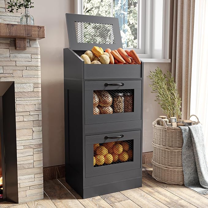 Potato Storage Bin with Lid, Rustic WoodenOnion Storage Bin, Bread Box for Kitchen, Kitchen Decorative Vegetable Storage Cabinet, Black HPC001BK