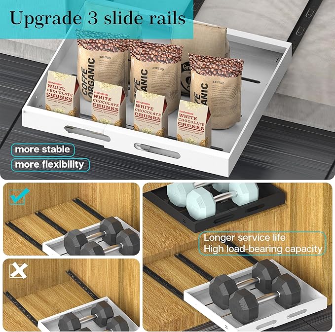 Expandable Pull Out Cabinet Organizer 17" Deep, Adhesive Pull Out Drawers For Cabinets 13.4"W - 19.7"W，No Drill Pull Out Cabinet Organizer Expandable, Expandablet Drawer For Kitchen, Pantry, Bathroom