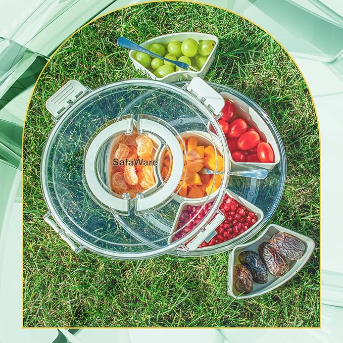 Rotating Snack Box Container for Parties, Veggie Tray with Lid, Divided Serving Tray for Fruit, Large Rotating Tray with Lid for Kids and Fridge Storage (10" Rotating snackle Box)