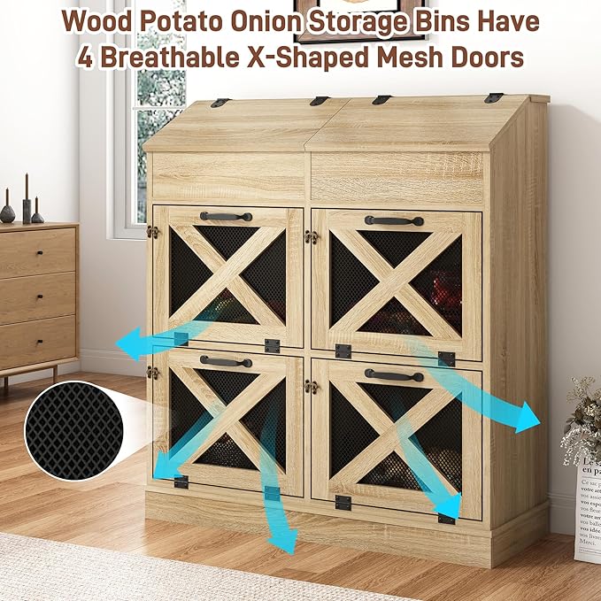Large Wood Bread Box for Potato,Onion.Veggie Bin W/6 Large Storage Box.Root Vegetable Storage Box For Kitchen,Farmhouse Potato Storage Bin W/4 Mesh Doors,Bread Keeper for Toast,Bagel,Donut,Cookies