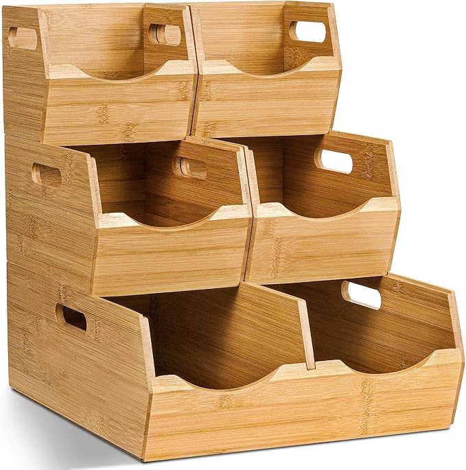 [Upgraded] 3-tier Stackable Bamboo Pantry Storage Bins, Potato and Onion Storage Baskets with Handles, Removable Divider, Pantry Organizer Holder for Kitchen, Office, Cabinet, Fruit Storage