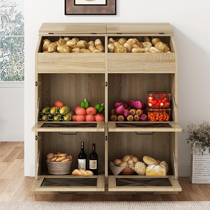 Large Wood Bread Box for Potato,Onion.Veggie Bin W/6 Large Storage Box.Root Vegetable Storage Box For Kitchen,Farmhouse Potato Storage Bin W/4 Mesh Doors,Bread Keeper for Toast,Bagel,Donut,Cookies