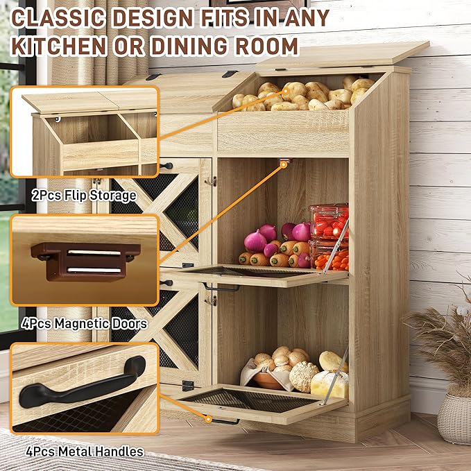 Large Wood Bread Box for Potato,Onion.Veggie Bin W/6 Large Storage Box.Root Vegetable Storage Box For Kitchen,Farmhouse Potato Storage Bin W/4 Mesh Doors,Bread Keeper for Toast,Bagel,Donut,Cookies